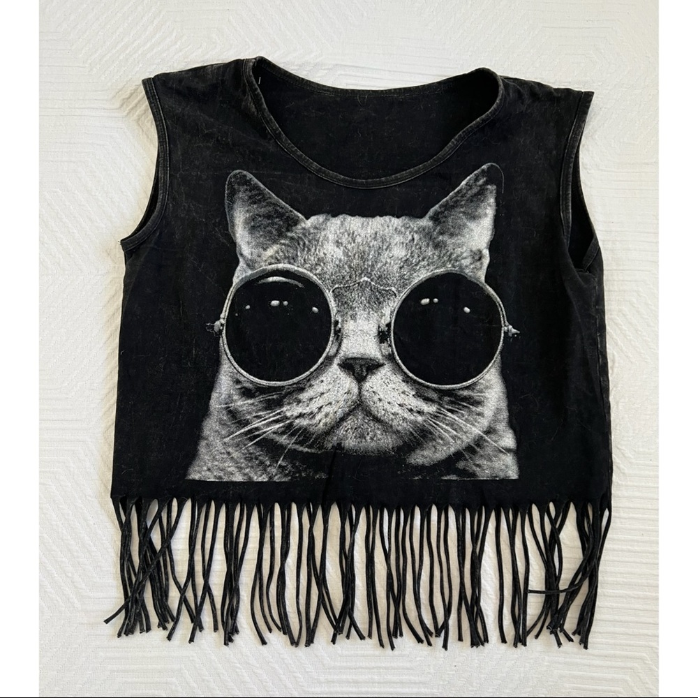 Cat with Shades - fringe cotton crop top shirt - one size